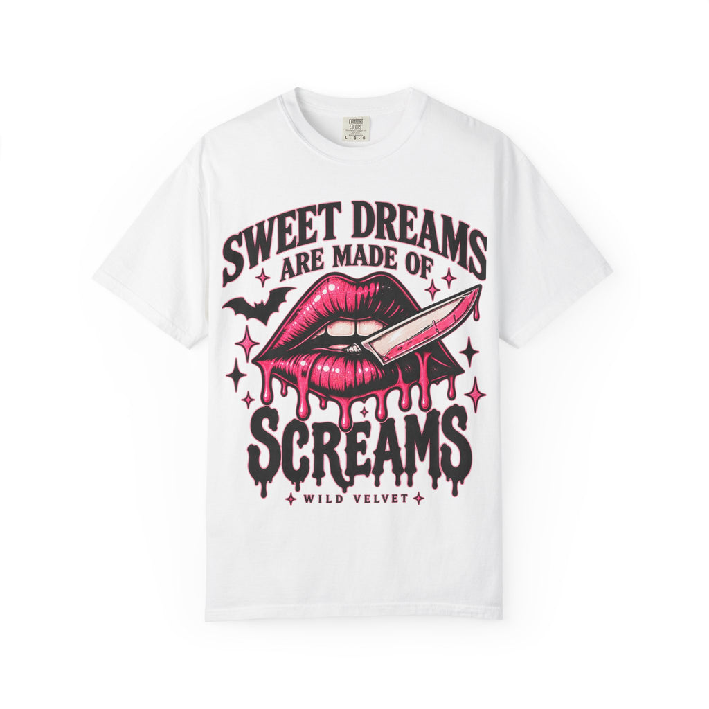 Sweet Dreams Are Made of Screams Tee — Gothic Horror Lip & Knife Graphic T-Shirt
