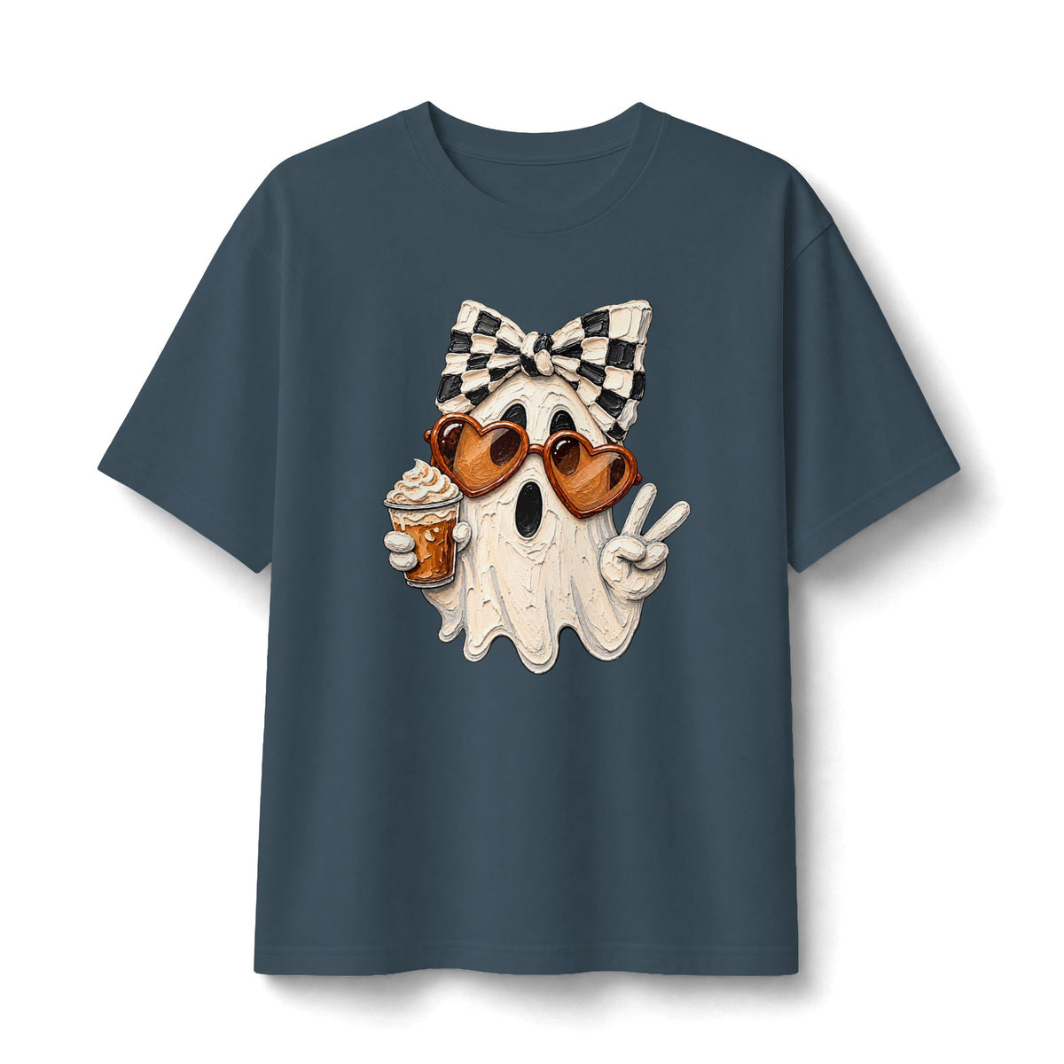 Ghost Graphic Tee — Cute Retro Ghost with Coffee & Checkerboard Butterfly
