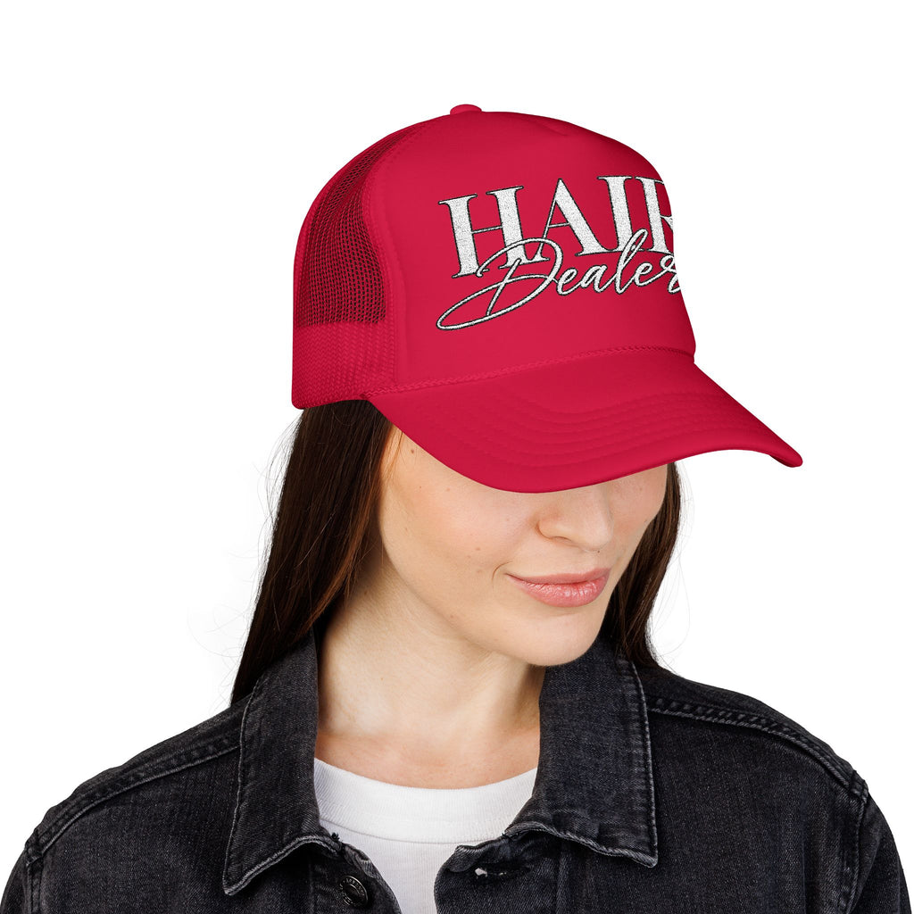 Hair Dealer Trucker Hat — Pink Foam Mesh Cap for Hairstylists