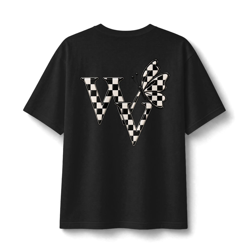 Ghost Graphic Tee — Cute Retro Ghost with Coffee & Checkerboard Butterfly