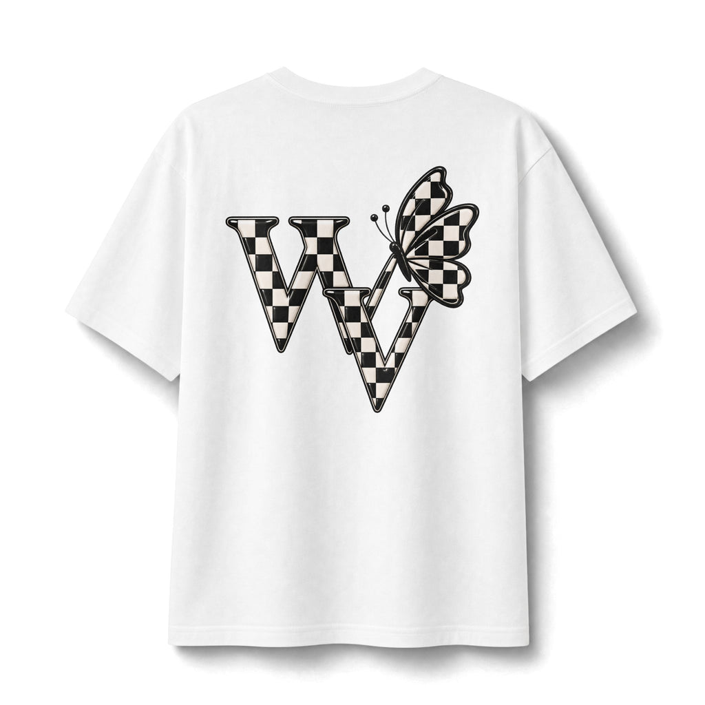 Ghost Graphic Tee — Cute Retro Ghost with Coffee & Checkerboard Butterfly