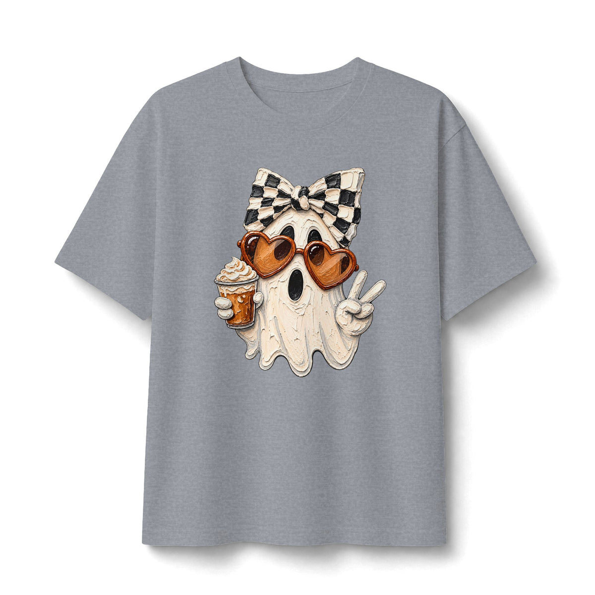 Ghost Graphic Tee — Cute Retro Ghost with Coffee & Checkerboard Butterfly
