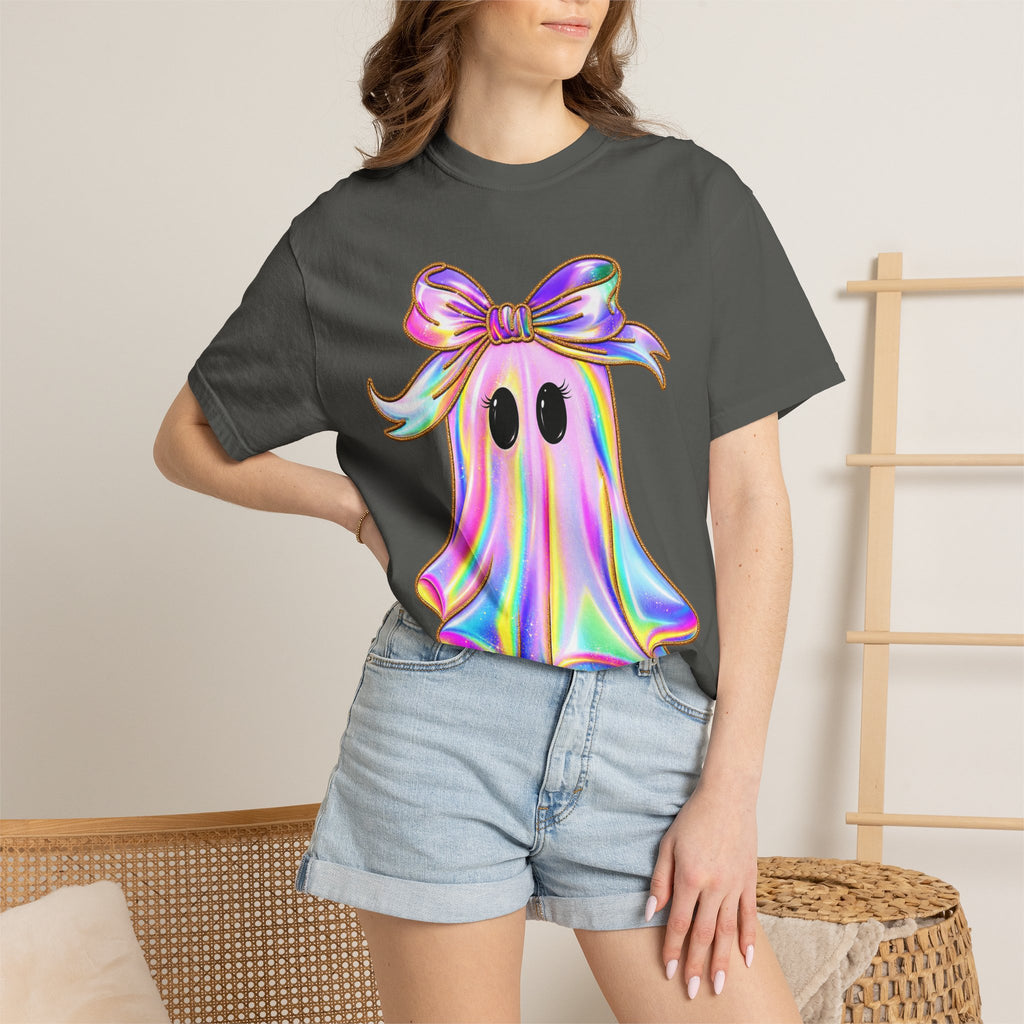 Holographic Ghost Tee — Cute Iridescent Ghost with Bow T-Shirt