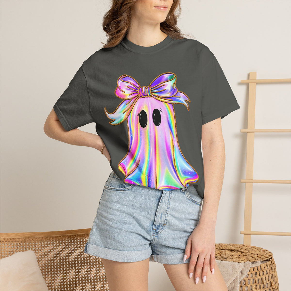 Holographic Ghost Tee — Cute Iridescent Ghost with Bow T-Shirt