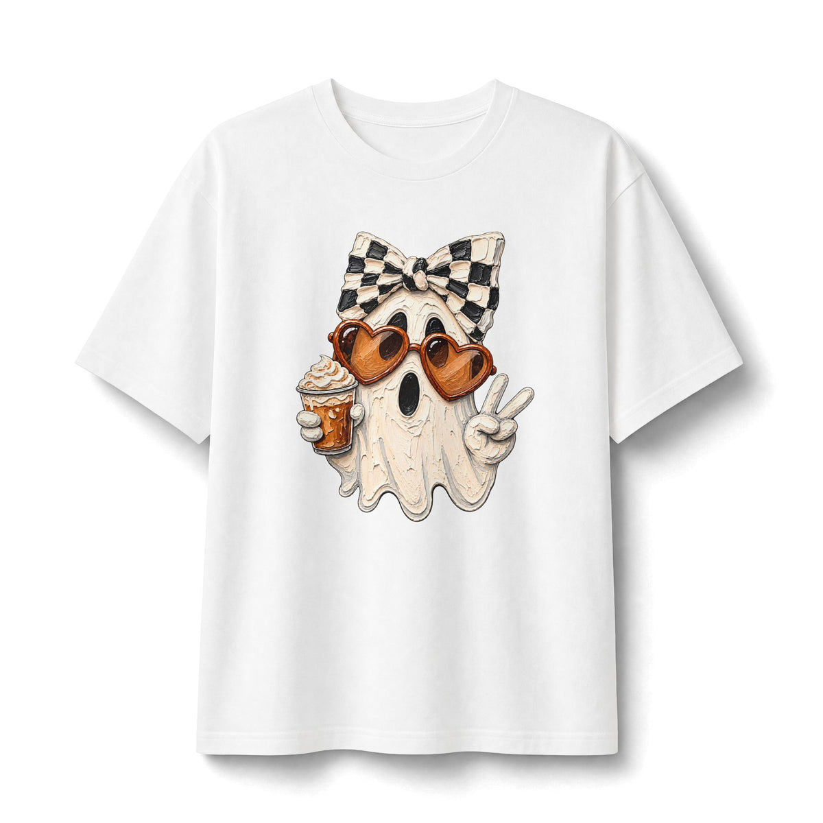 Ghost Graphic Tee — Cute Retro Ghost with Coffee & Checkerboard Butterfly