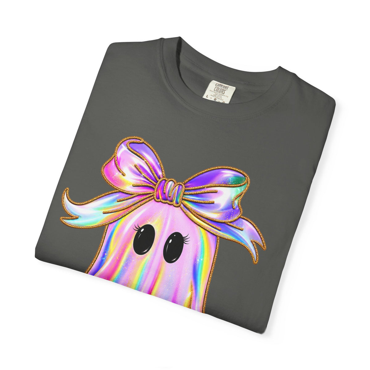 Holographic Ghost Tee — Cute Iridescent Ghost with Bow T-Shirt