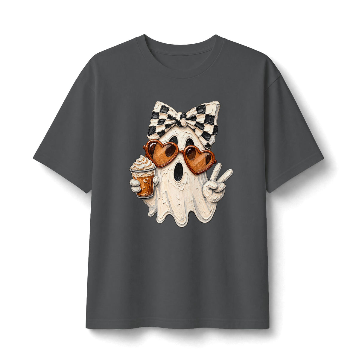 Ghost Graphic Tee — Cute Retro Ghost with Coffee & Checkerboard Butterfly