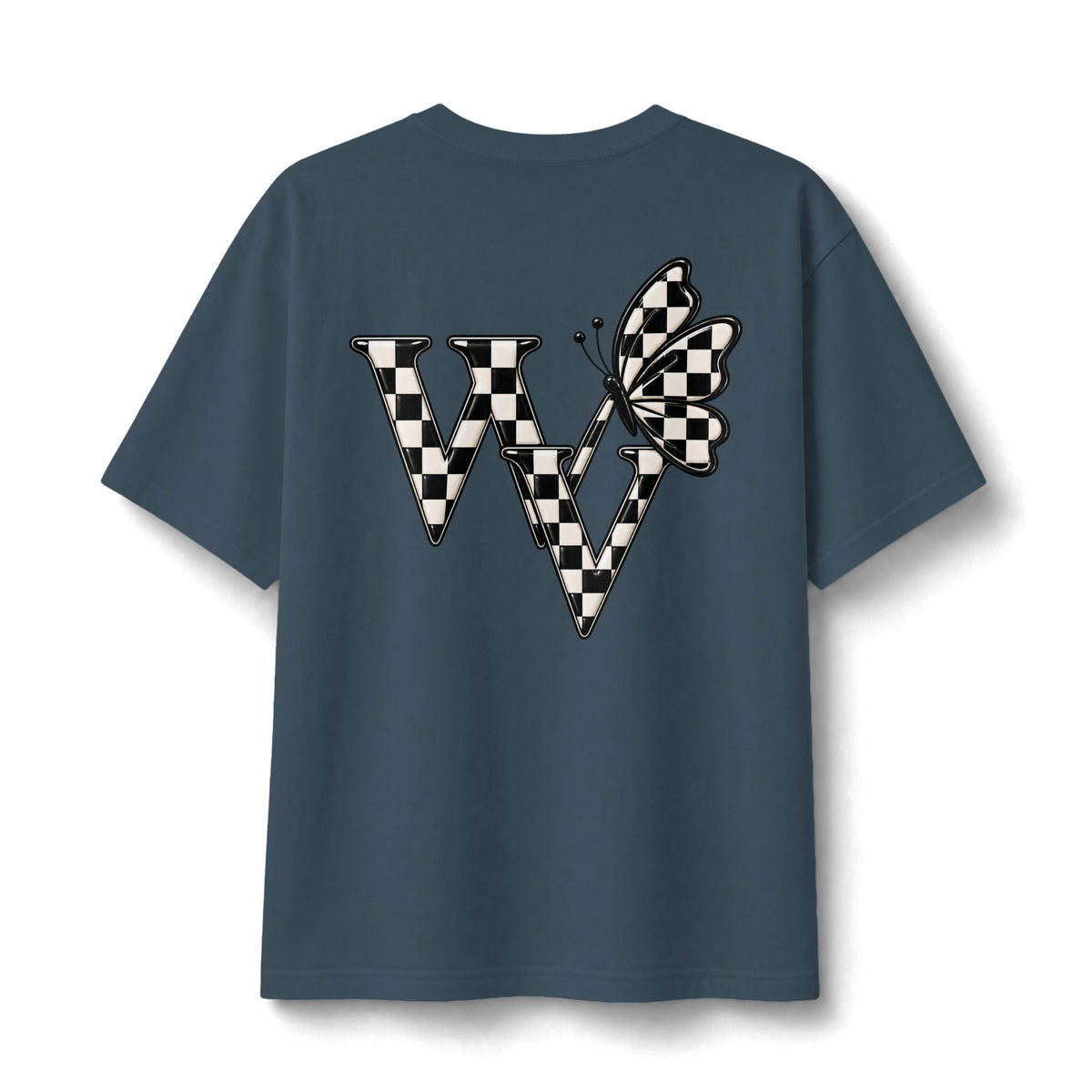 Ghost Graphic Tee — Cute Retro Ghost with Coffee & Checkerboard Butterfly