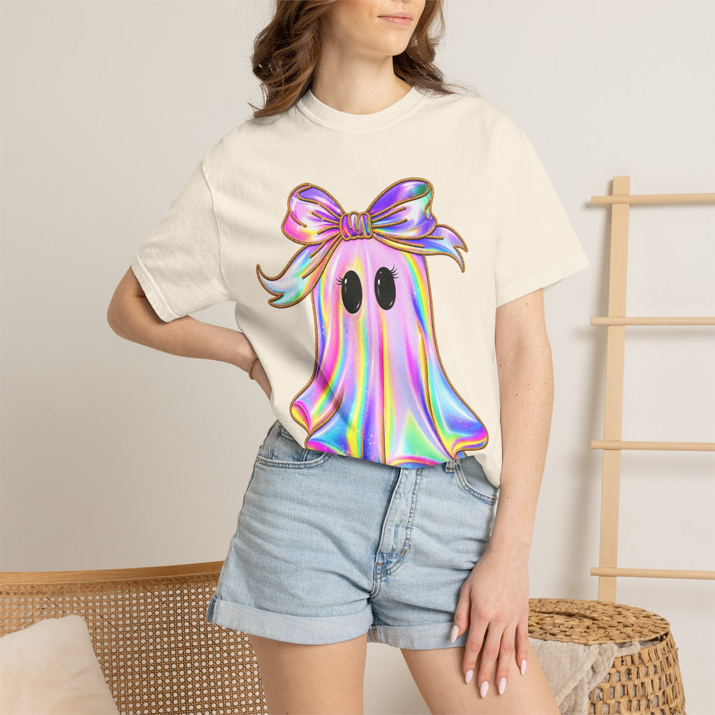 Holographic Ghost Tee — Cute Iridescent Ghost with Bow T-Shirt