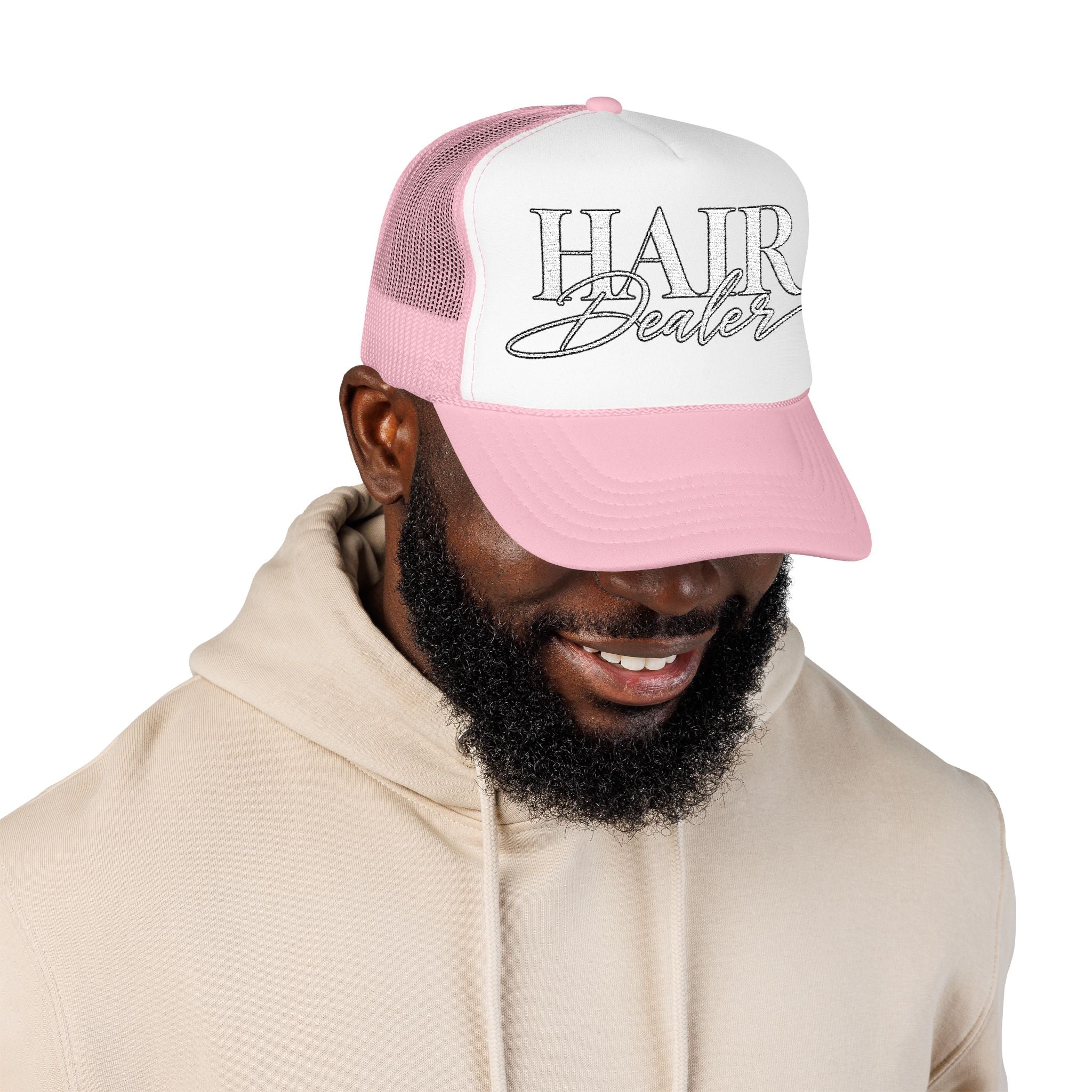 Hair Dealer Trucker Hat — Pink Foam Mesh Cap for Hairstylists