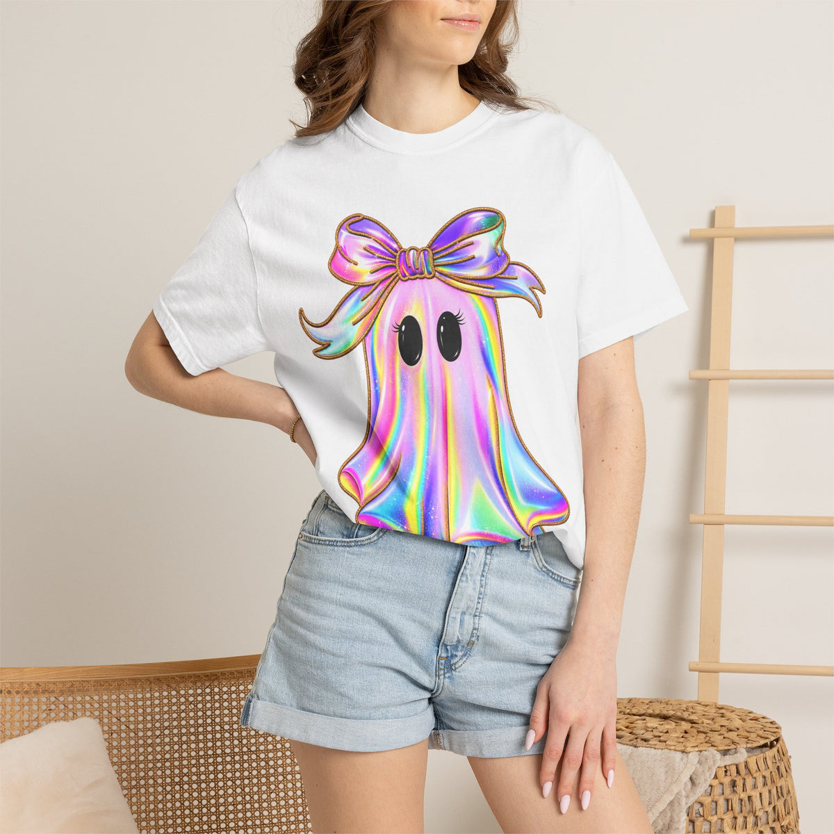 Holographic Ghost Tee — Cute Iridescent Ghost with Bow T-Shirt