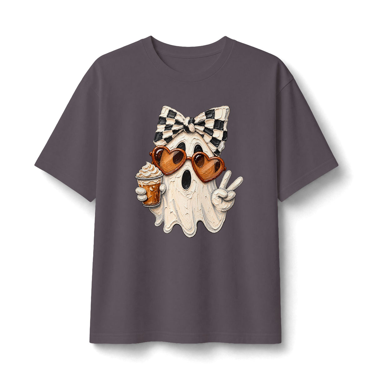 Ghost Graphic Tee — Cute Retro Ghost with Coffee & Checkerboard Butterfly