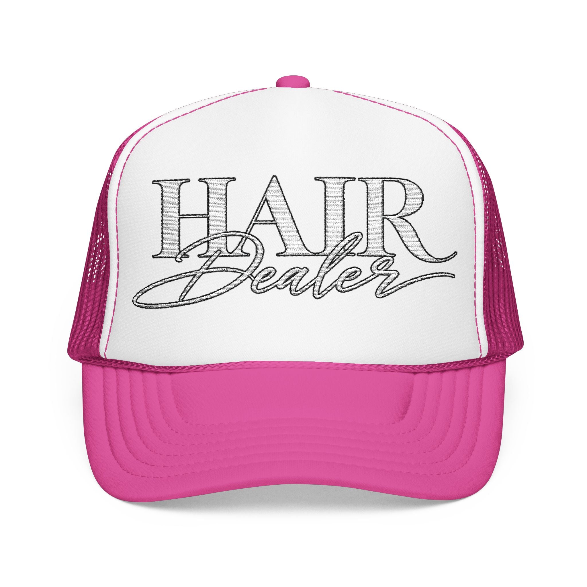 Hair Dealer Trucker Hat — Pink Foam Mesh Cap for Hairstylists