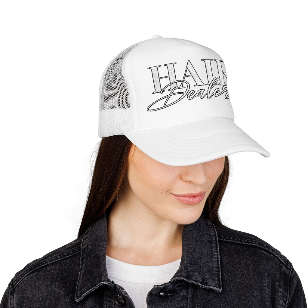 Hair Dealer Trucker Hat — Pink Foam Mesh Cap for Hairstylists