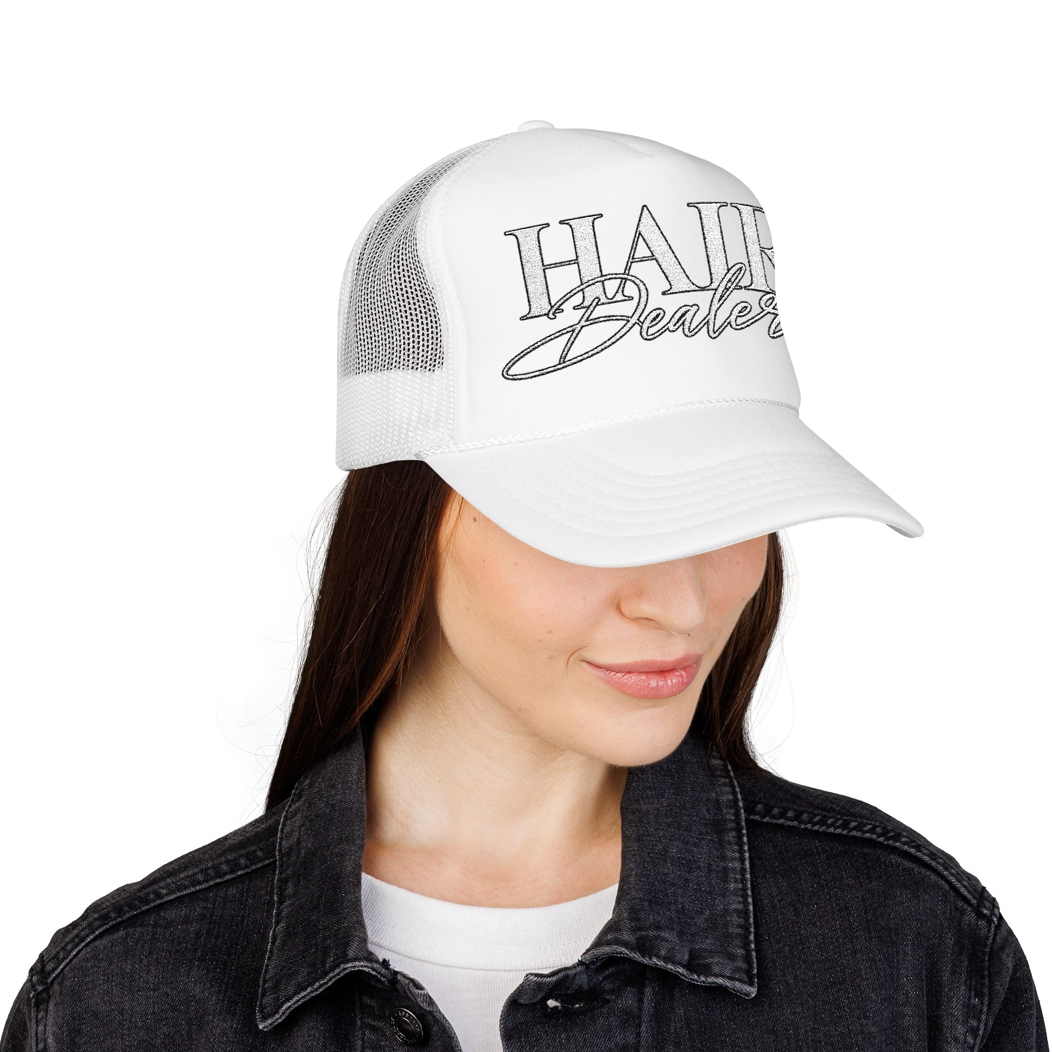 Hair Dealer Trucker Hat — Pink Foam Mesh Cap for Hairstylists