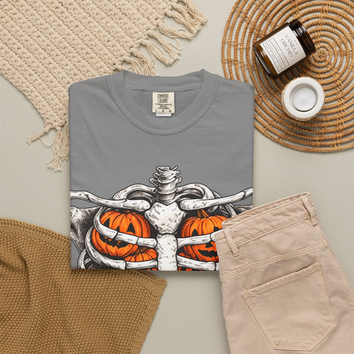 Skeleton Ribcage T‑Shirt with Pumpkin Ribs — Halloween Graphic Tee