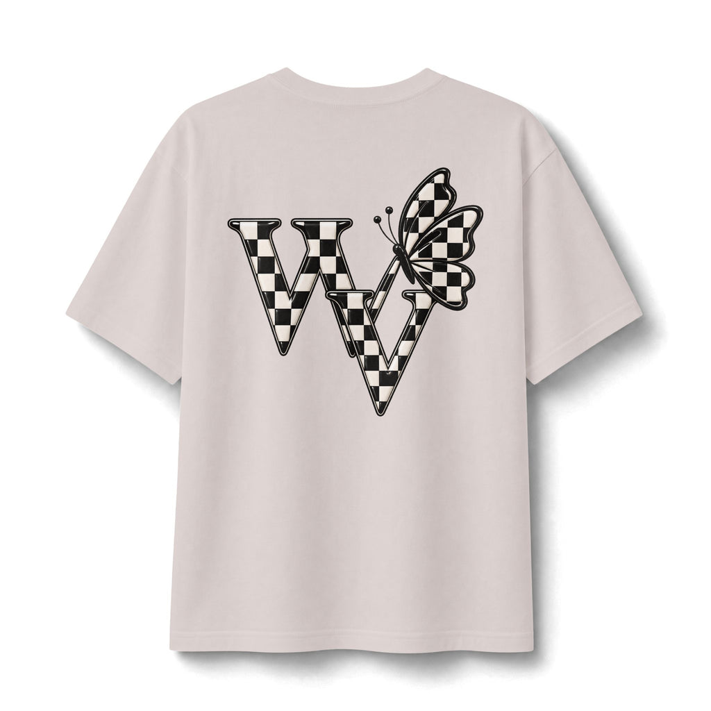 Ghost Graphic Tee — Cute Retro Ghost with Coffee & Checkerboard Butterfly