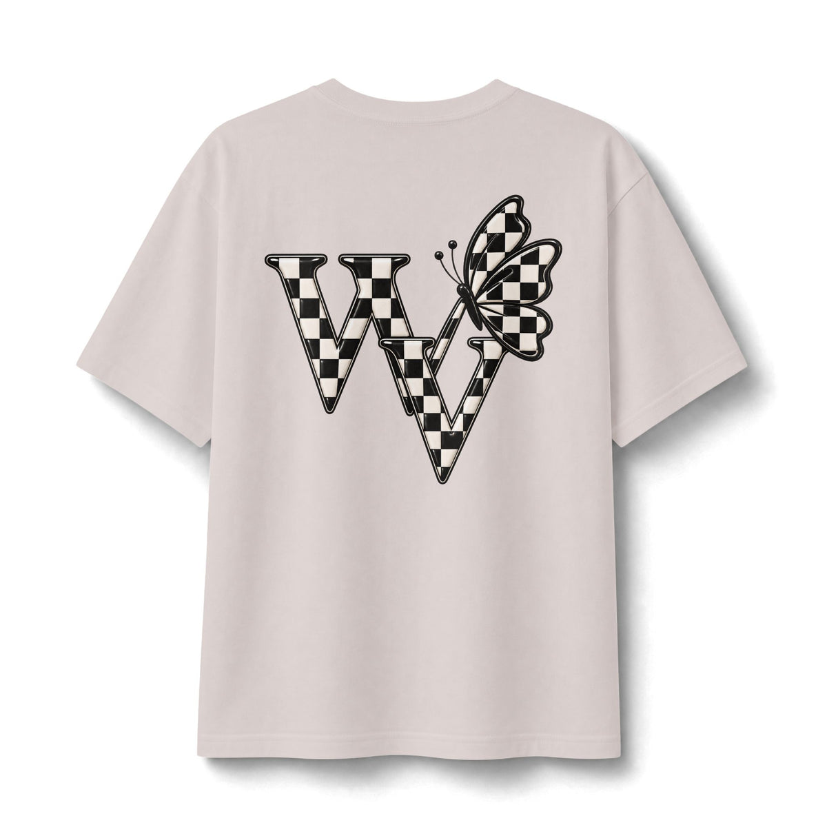 Ghost Graphic Tee — Cute Retro Ghost with Coffee & Checkerboard Butterfly