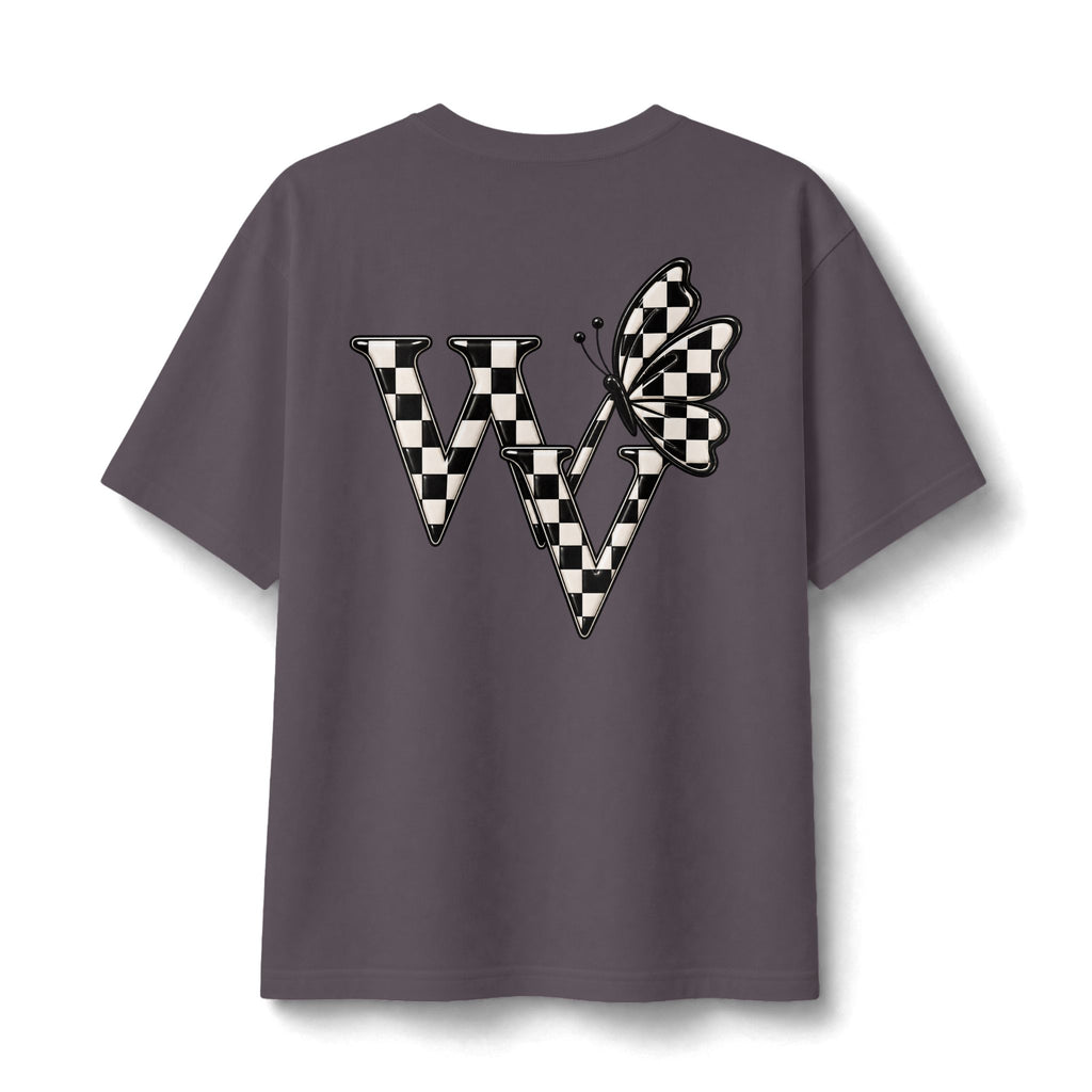 Ghost Graphic Tee — Cute Retro Ghost with Coffee & Checkerboard Butterfly