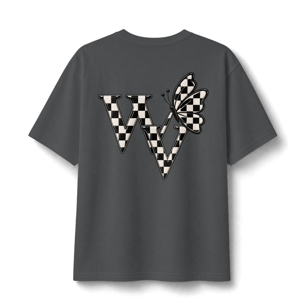 Ghost Graphic Tee — Cute Retro Ghost with Coffee & Checkerboard Butterfly
