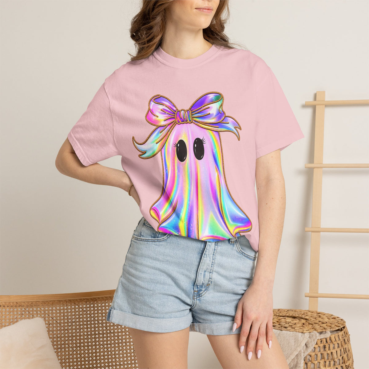 Holographic Ghost Tee — Cute Iridescent Ghost with Bow T-Shirt