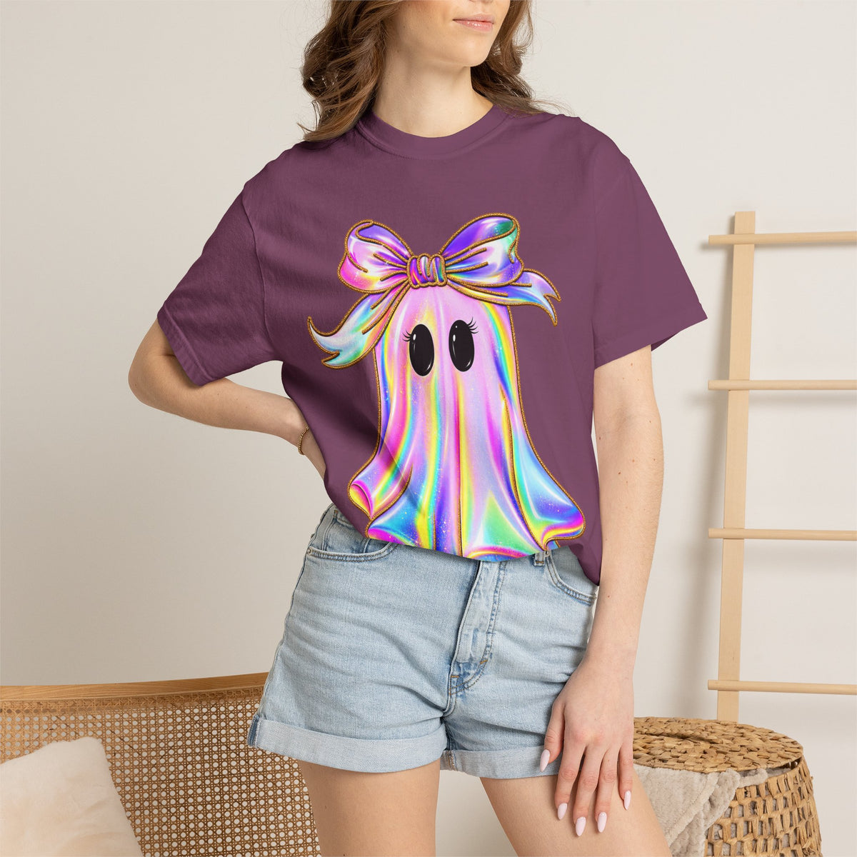 Holographic Ghost Tee — Cute Iridescent Ghost with Bow T-Shirt