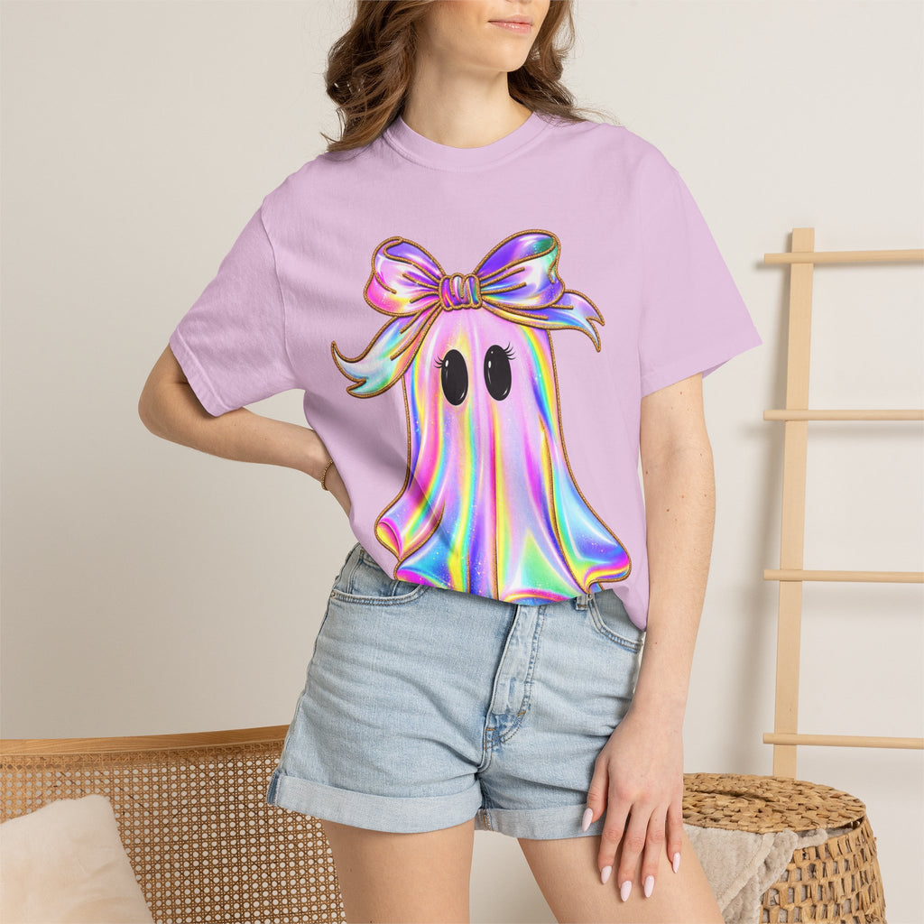 Holographic Ghost Tee — Cute Iridescent Ghost with Bow T-Shirt
