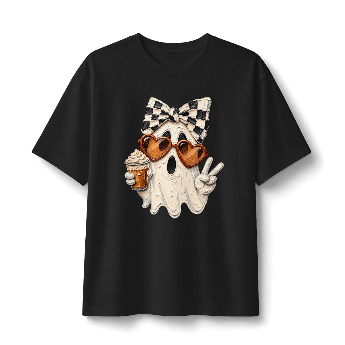 Ghost Graphic Tee — Cute Retro Ghost with Coffee & Checkerboard Butterfly