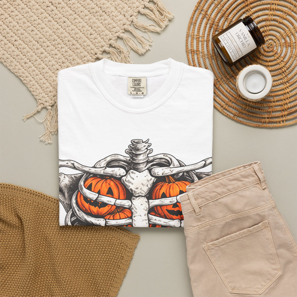 Skeleton Ribcage T‑Shirt with Pumpkin Ribs — Halloween Graphic Tee