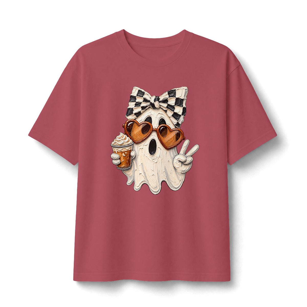 Ghost Graphic Tee — Cute Retro Ghost with Coffee & Checkerboard Butterfly