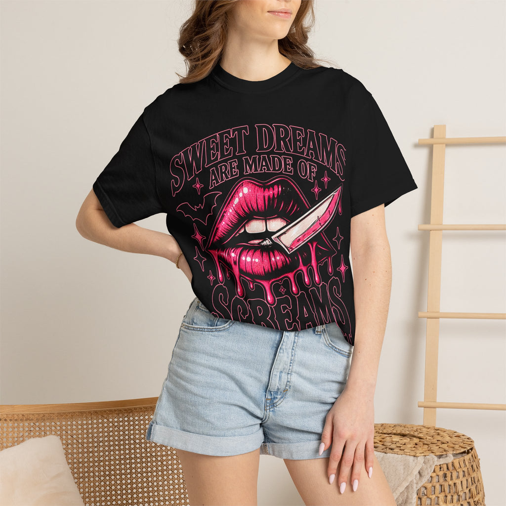 Sweet Dreams Are Made of Screams Tee — Gothic Horror Lip & Knife Graphic T-Shirt