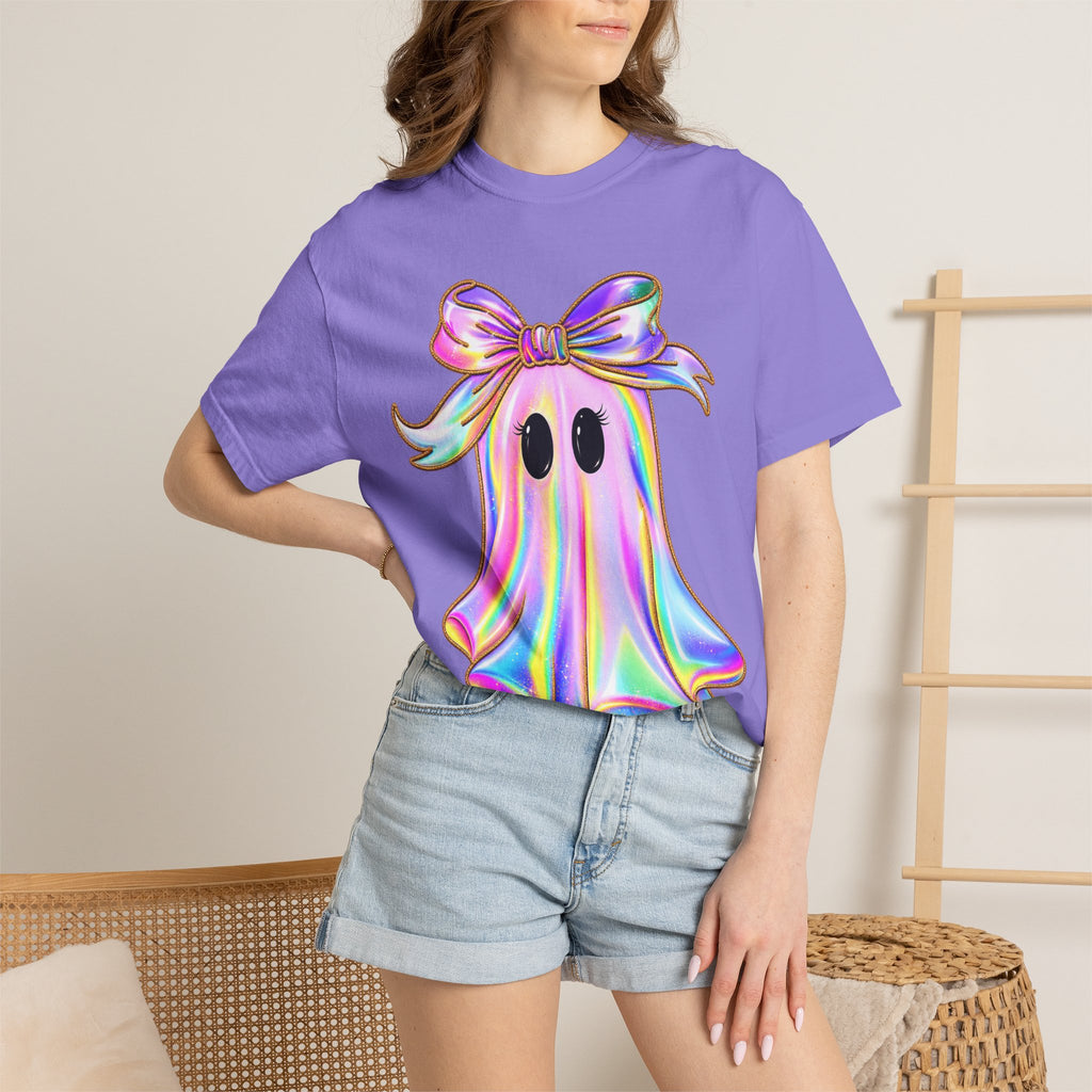 Holographic Ghost Tee — Cute Iridescent Ghost with Bow T-Shirt