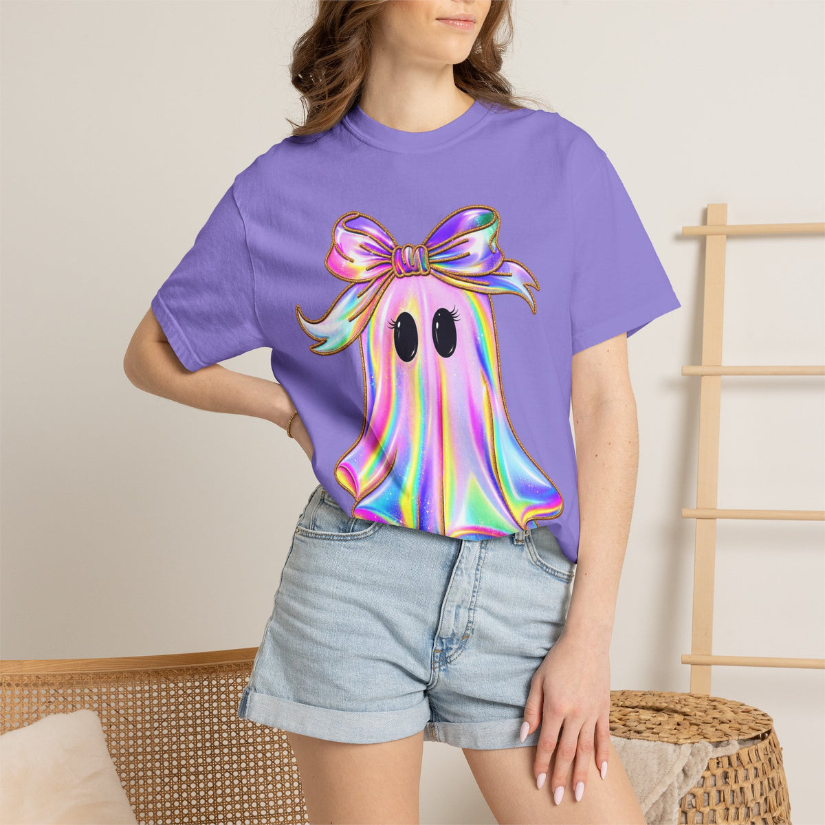 Holographic Ghost Tee — Cute Iridescent Ghost with Bow T-Shirt