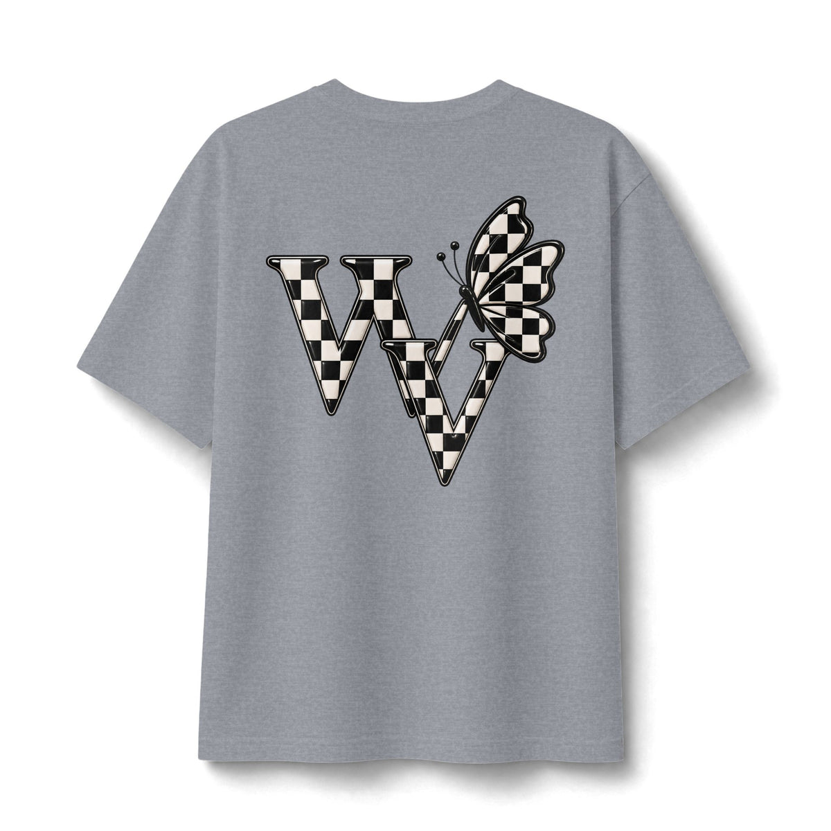 Ghost Graphic Tee — Cute Retro Ghost with Coffee & Checkerboard Butterfly