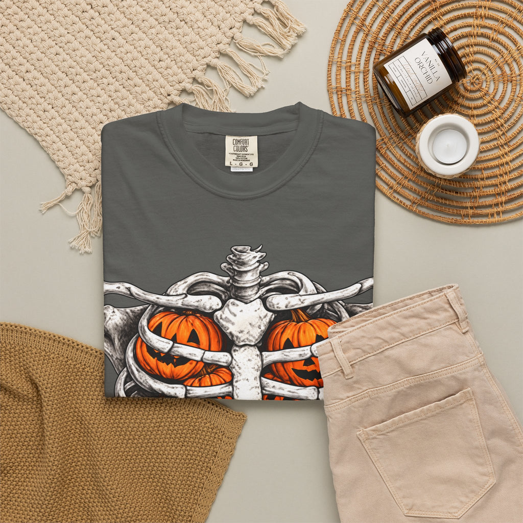 Skeleton Ribcage T‑Shirt with Pumpkin Ribs — Halloween Graphic Tee