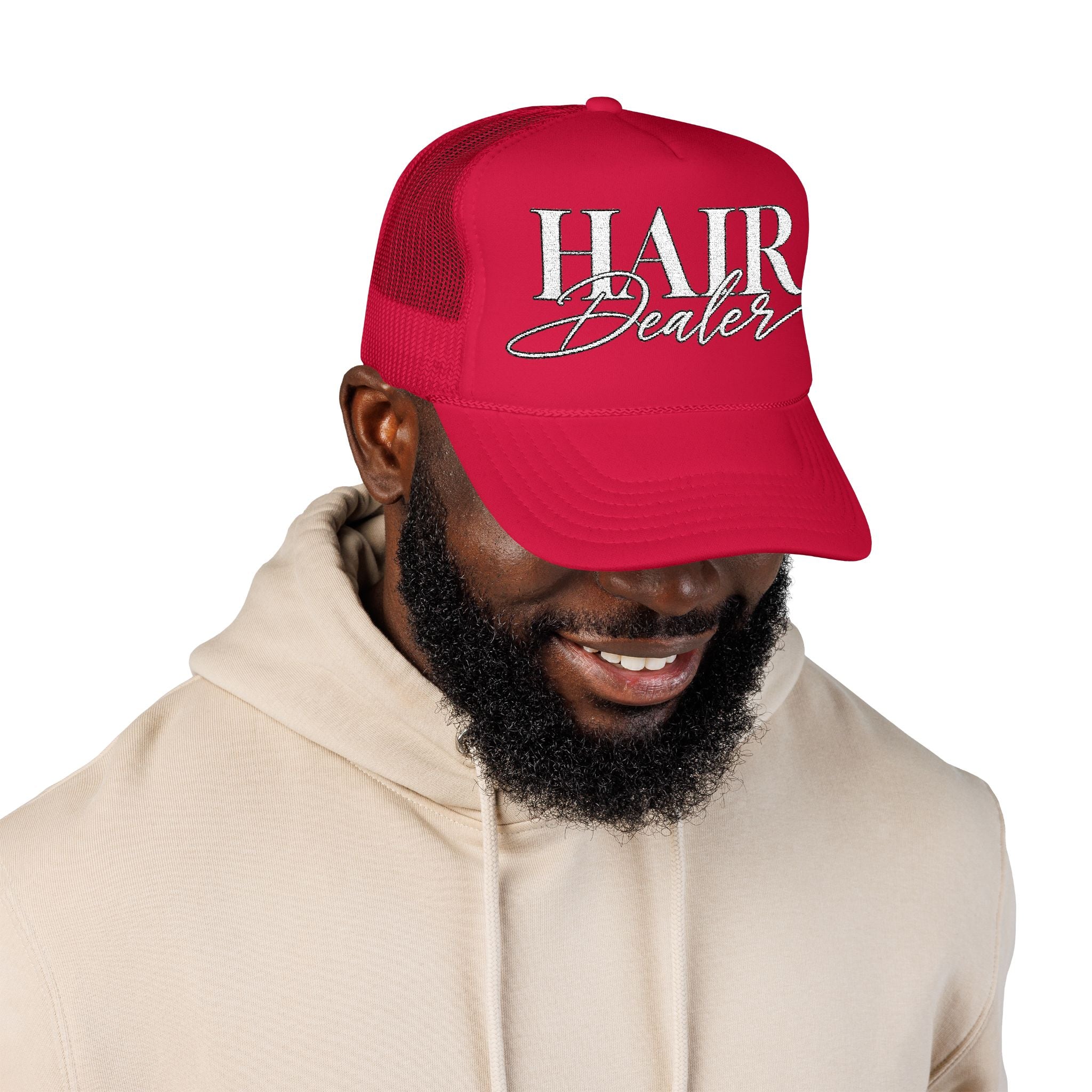 Hair Dealer Trucker Hat — Pink Foam Mesh Cap for Hairstylists