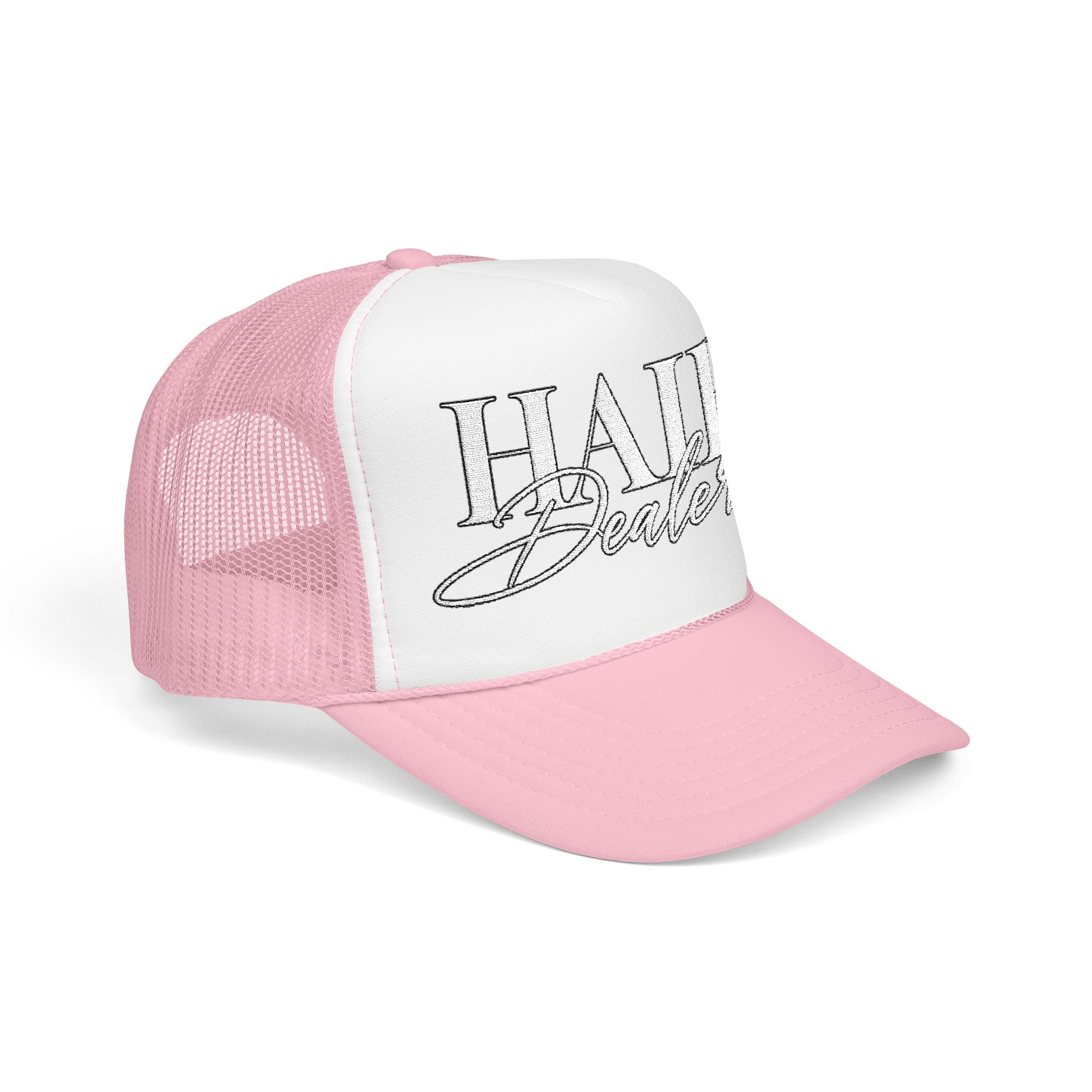 Hair Dealer Trucker Hat — Pink Foam Mesh Cap for Hairstylists