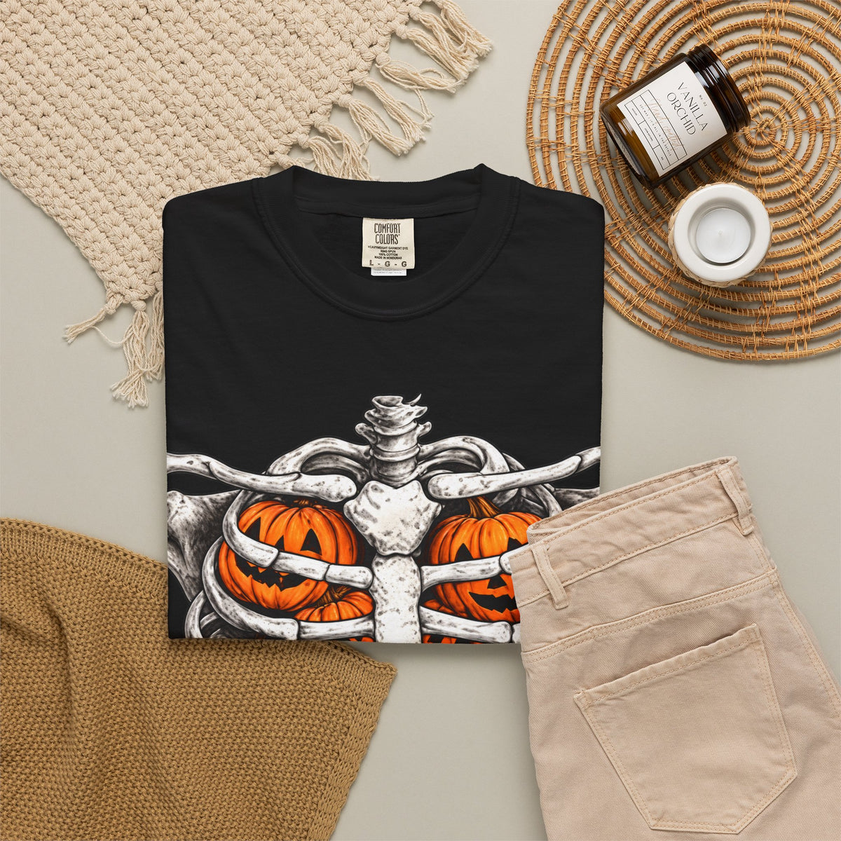 Skeleton Ribcage T‑Shirt with Pumpkin Ribs — Halloween Graphic Tee