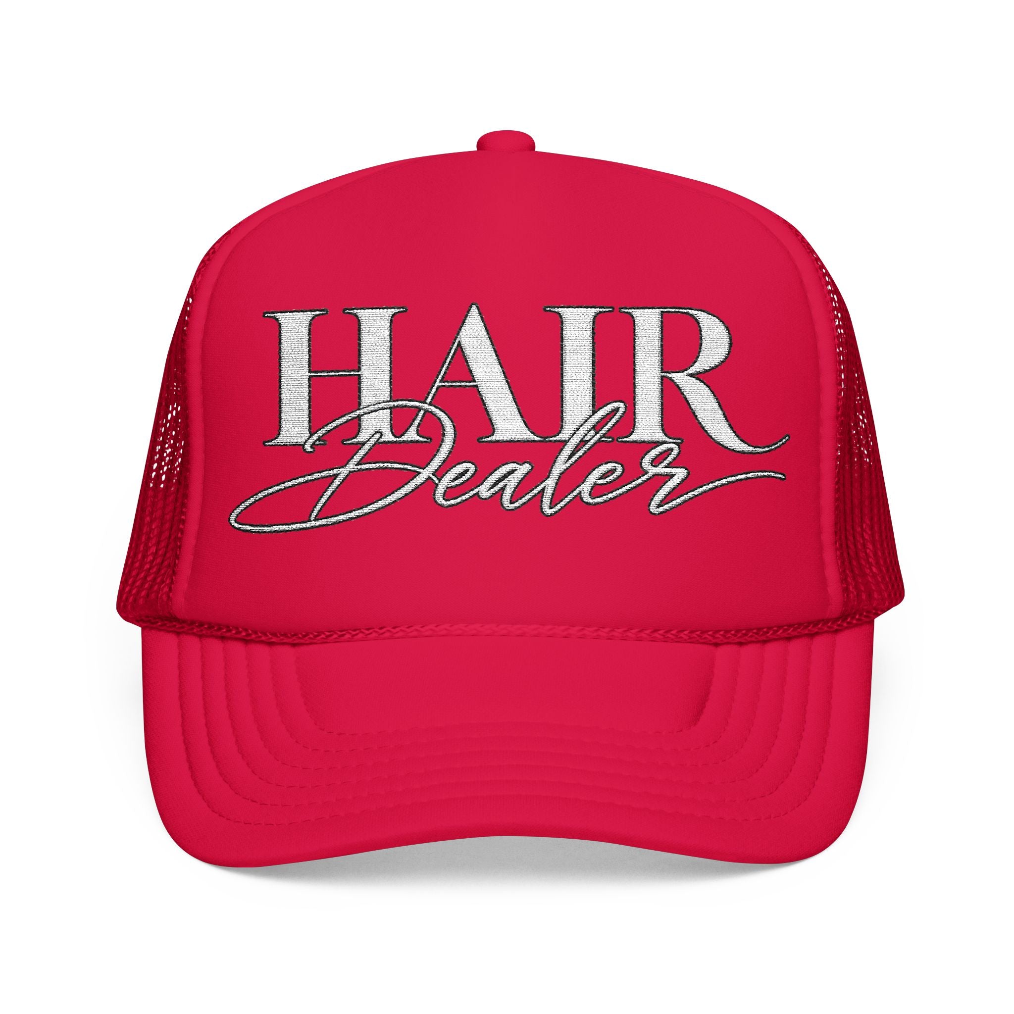 Hair Dealer Trucker Hat — Pink Foam Mesh Cap for Hairstylists