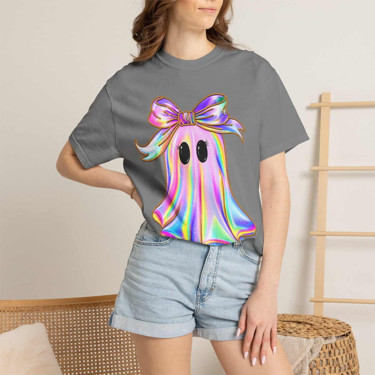 Holographic Ghost Tee — Cute Iridescent Ghost with Bow T-Shirt