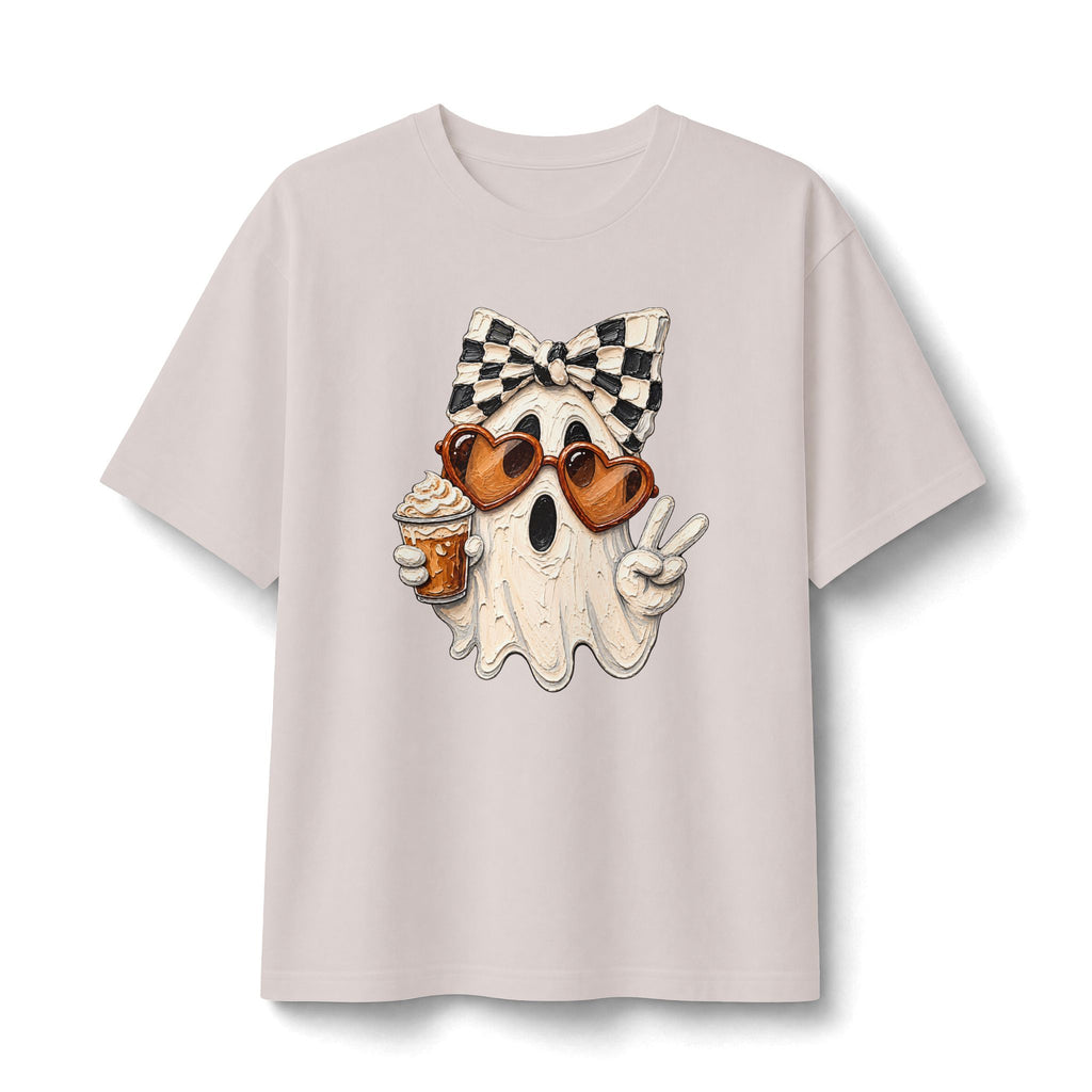 Ghost Graphic Tee — Cute Retro Ghost with Coffee & Checkerboard Butterfly
