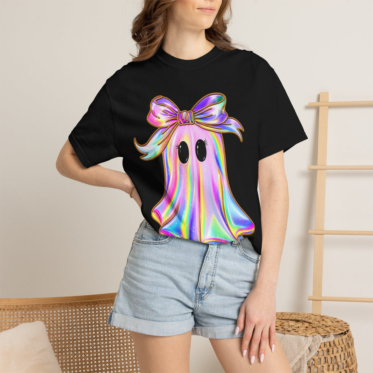Holographic Ghost Tee — Cute Iridescent Ghost with Bow T-Shirt