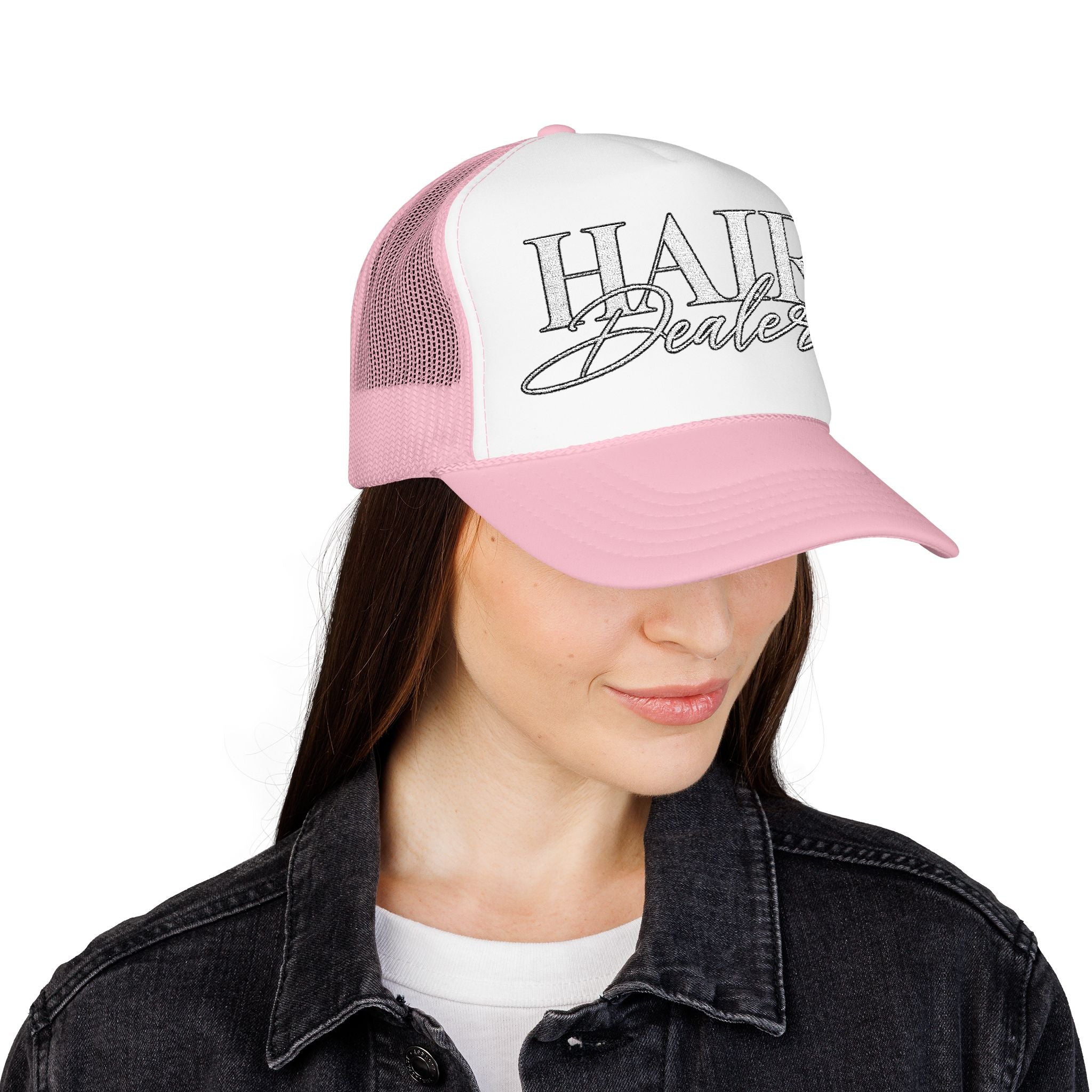 Hair Dealer Trucker Hat — Pink Foam Mesh Cap for Hairstylists