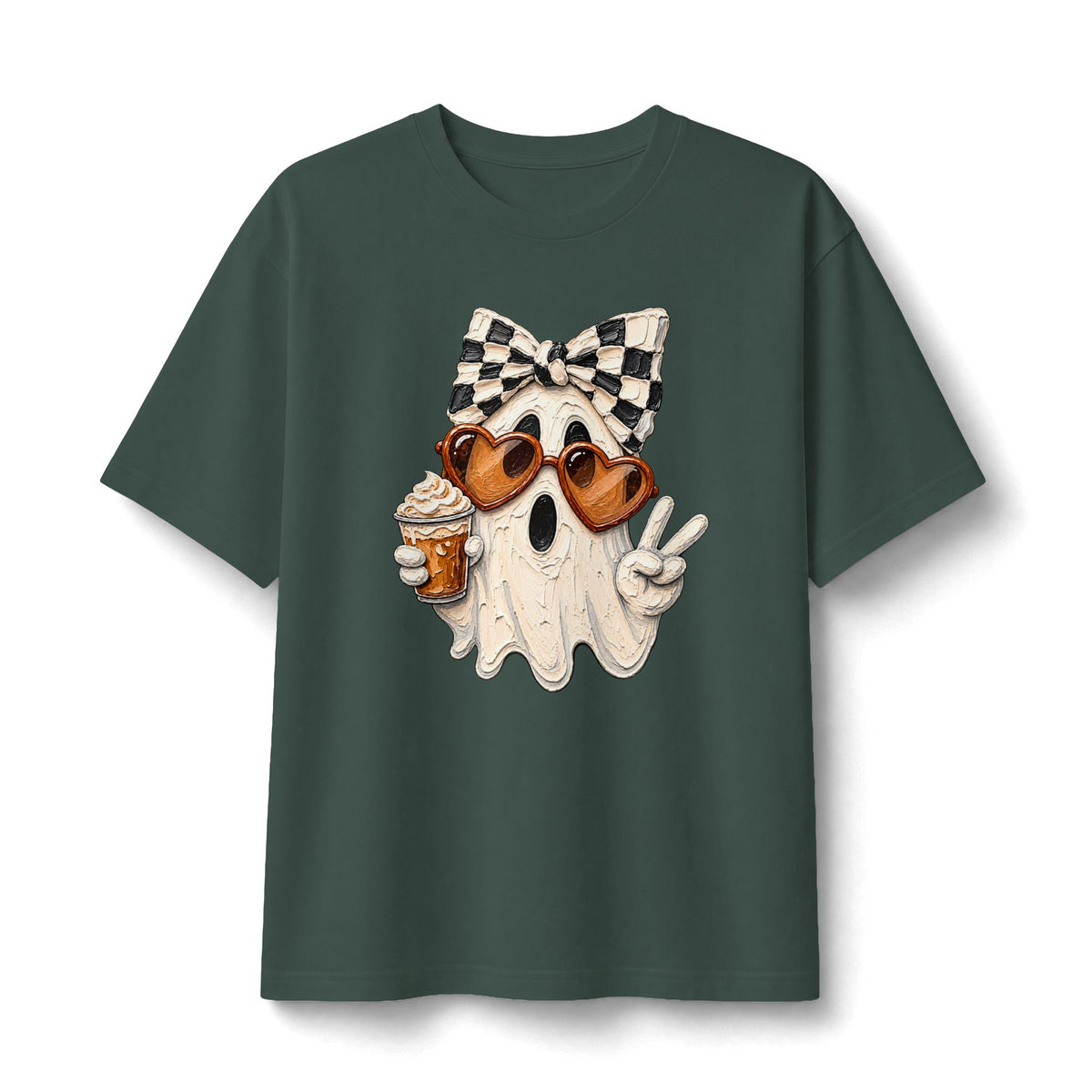 Ghost Graphic Tee — Cute Retro Ghost with Coffee & Checkerboard Butterfly