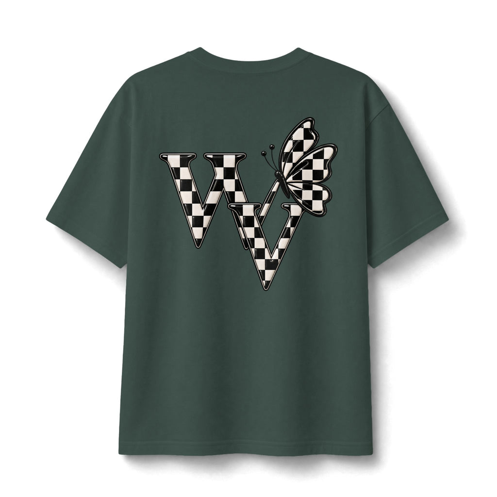 Ghost Graphic Tee — Cute Retro Ghost with Coffee & Checkerboard Butterfly