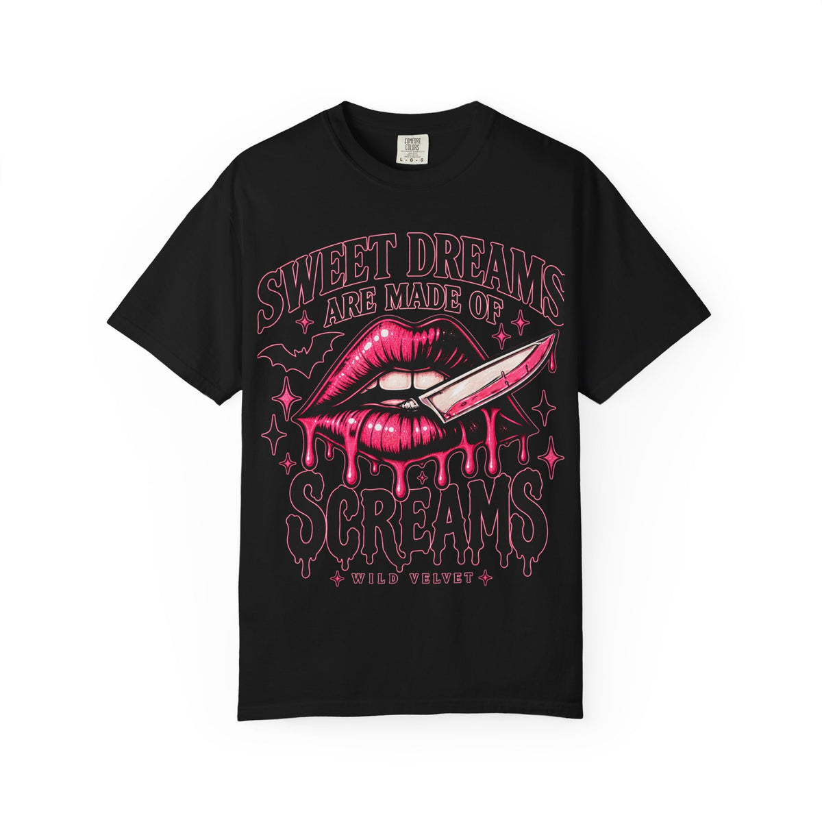 Sweet Dreams Are Made of Screams Tee — Gothic Horror Lip & Knife Graphic T-Shirt
