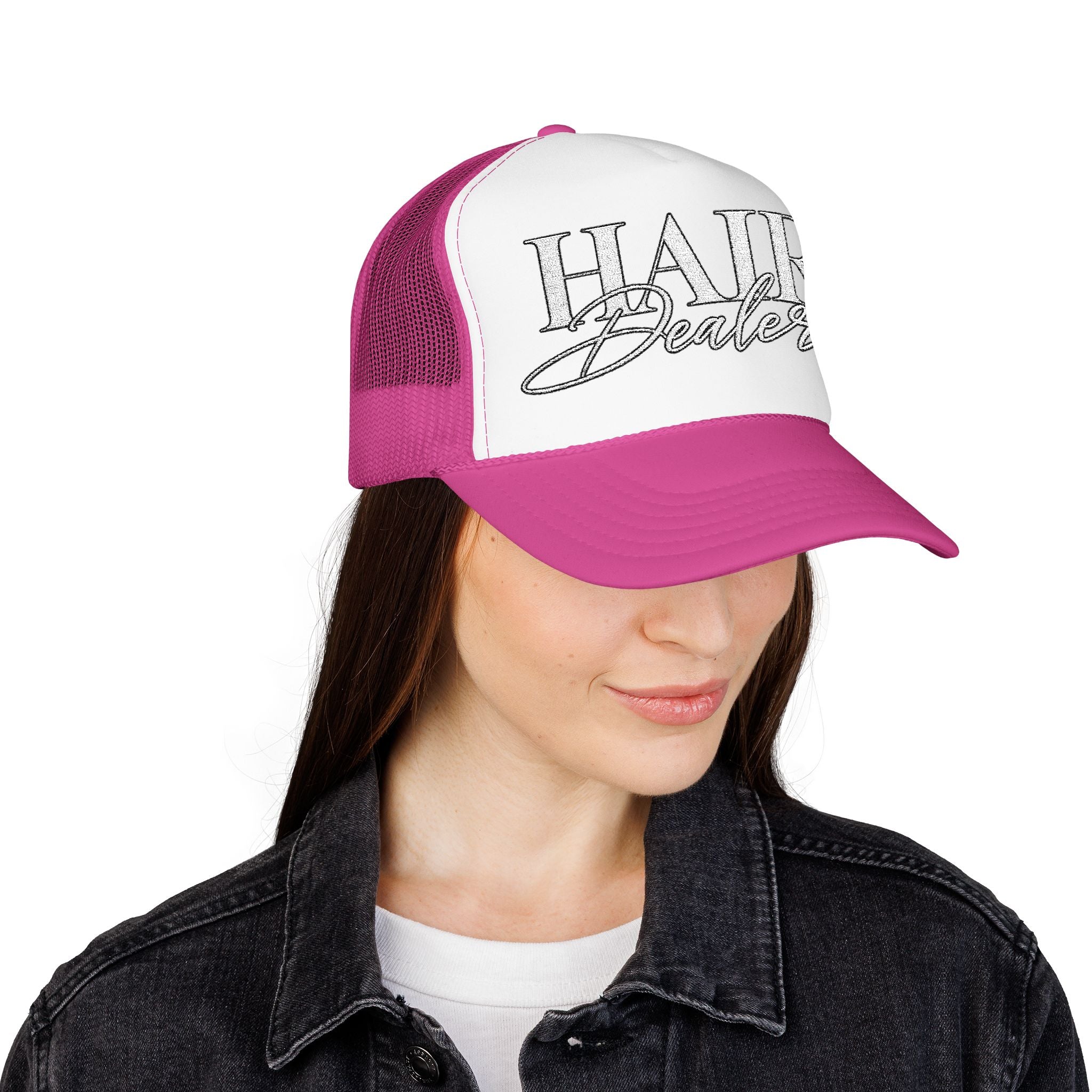 Hair Dealer Trucker Hat — Pink Foam Mesh Cap for Hairstylists