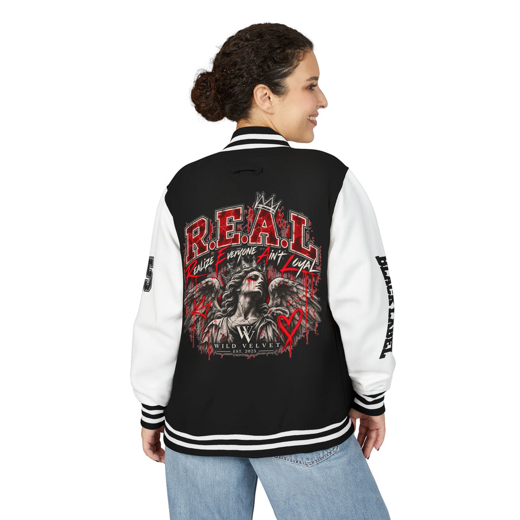 Letterman Jacket — 'R.E.A.L.' Graphic Varsity Jacket