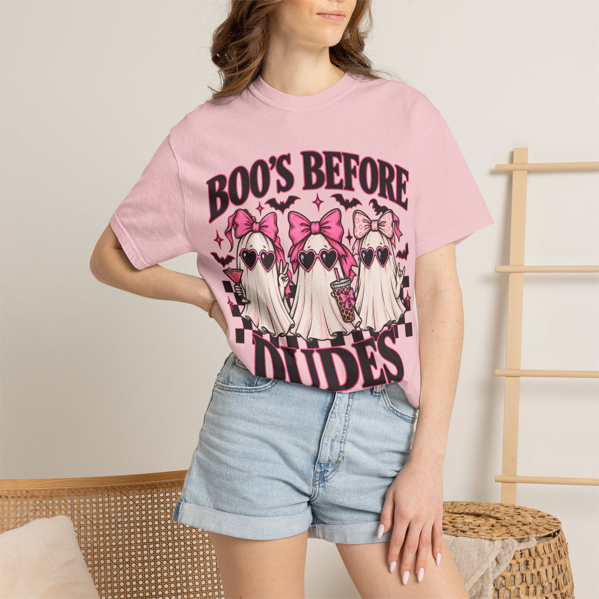 Boo's Before Dudes T‑Shirt — Cute Pink Ghosts Halloween Graphic Tee